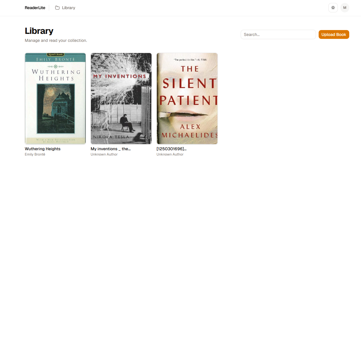 ReaderLite library view with uploaded books